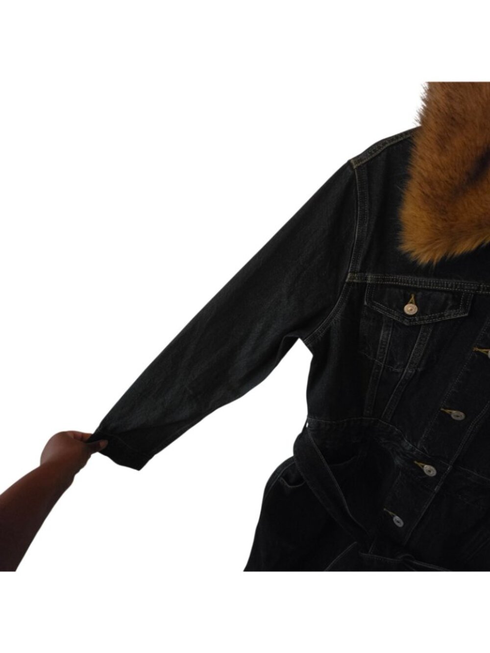 Levi's Faux Fur Collar Denim Coat Women's Large Belted Dark Wash Long Jean... - Picture 5 of 6